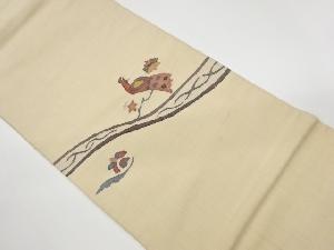 リサイクル　手織り紬花鳥模様織出し袋帯